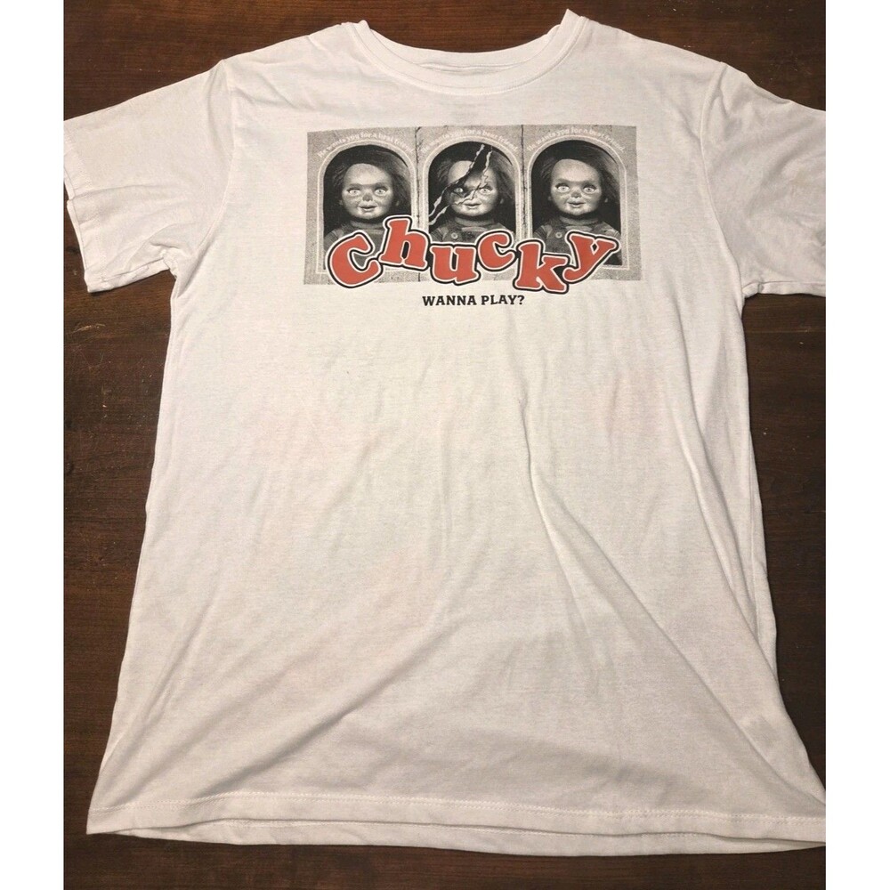 Chucky Child's Play T-Shirt Mens Large White Double Sided Graphic Horror Movie